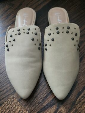 Wonderly Taupe Pointed Slip-On Studded Mules